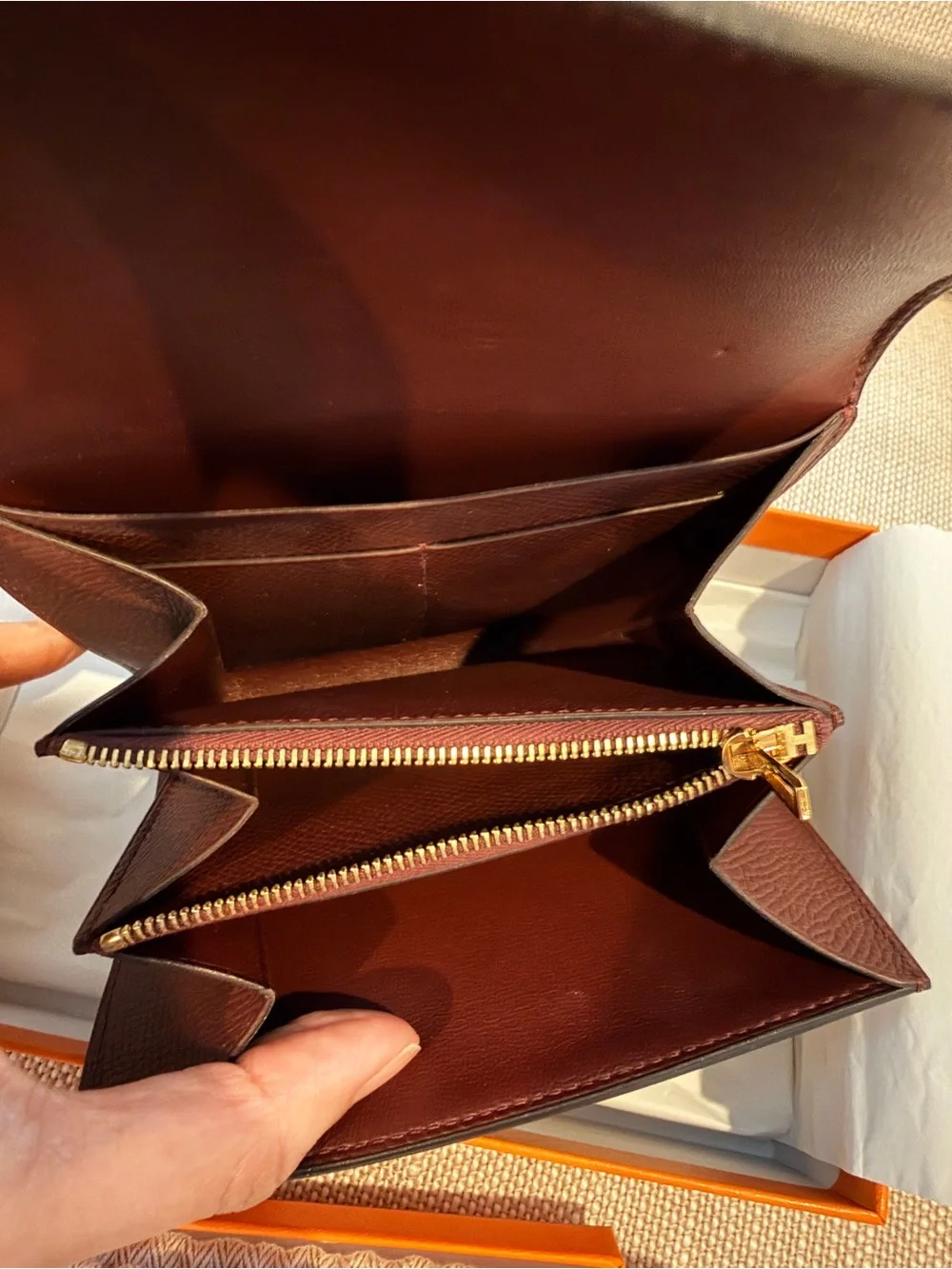 HERMES Constance Wallet in Burgundy with ROSE Gold Hardware